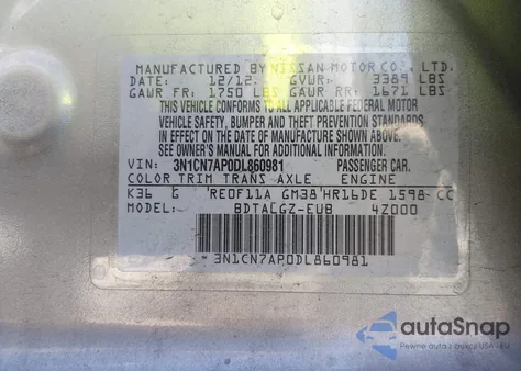 2013 Nissan Versa 1.6 Sl from USA, damaged, VIN 3N1CN7AP0DL860981